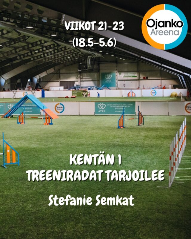 Etusivu 8 Seuraavaksi Venyvä Koira kentällä kirmaillaan Stefanie Semkatin suunnittelemalla radalla! Rata on valmiina 18.5-5.6Tule testaamaan Steffin suunnittelema rata – luvassa sujuvia linjoja, rytmin rakentamista ja sopivasti haastetta.Tervetuloa kokeilemaan!Irtovuoroja voi kysellä varaukset(at)ojanko.fiYhteistyössä @elainklinikkaavec