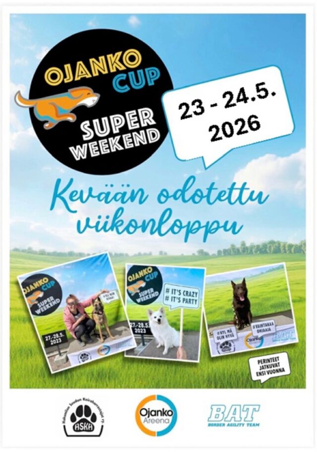Ojanko Cup tulee taas – Super Weekend 23.–24.5.2026!Ojanko  täyttyy taas agilitystä ja hyvästä kisameiningistä, kun HSKH ja BAT järjestävät Ojanko Cup Super Weekendin.Tule kisaamaan tai katsomaan – kisaajien kesken on taas luvassa kivoja palkintoja ja buffa notkuaa herkkuja.Ilmoittautuminen kisaradoille 17.5.2026 mennessä!Yhteistyössä
@borderagilityteam
@elainklinikkaavec
@hskhagi