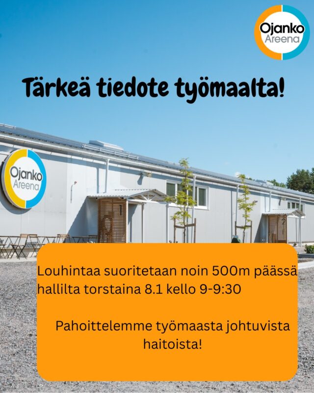 Etusivu 10 Huomio!Torstaina 8.1.2026 n: kello 9-9:30 suoritetaan louhintaa noin 500m päästä hallilta.Otathan tämän huomioon liikkuessasi aamulla alueella.Pahoittelemme häiriötä!