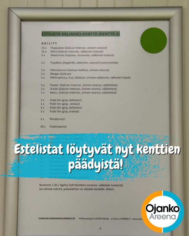 Estelistat kenttien päädyssä!Jokaisen kentän päädyssä on printattu estelista, joka tekee esteiden palauttamisesta helpompaa ja nopeampaa.Kun esteet löytävät takaisin omalle kentälleen, pysyy kokonaisuus järjestyksessä ja seuraava harjoitus alkaa ilman turhaa säätöä.Yhdessä pidämme kentät siisteinä ja treenit tehokkaina!Yhteistyössää @elainklinikkaavec