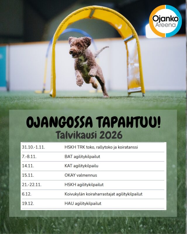 🐾 OJANGOSSA TAPAHTUU! Talvikausi 2026 on täällä! 🐾Halli täyttyy pian vauhdista, iloisesta haukunnasta ja urheilujuhlan tunnusta, sillä tuleva talvikausi tuo Ojanko Areenalle upean kattauksen kilpailuja ja tapahtumia! 🤩✨Merkitse jo nyt kalenteriisi nämä talvikauden kohokohdat:Lokakuu & Marraskuu
31.10.–1.11. HSKH TRK toko, rallytoko ja koiratanssi
7.–8.11. BAT agilitykilpailut
14.11. KAT agilitykilpailu
15.11. OKAY valmennus
21.–22.11. HSKH agilitykilpailutJoulukuu
6.12. Koivukylän koiraharrastajat agilitykilpailut (itsenäisyyspäivän kisat! 🇫🇮)
19.12. HAU agilitykilpailutMihin näistä tapahtumista teidän tiiminne suuntaa? 🤔👇 Kommentoi alle, missä nähdään!Tervetuloa viihtymään ja nauttimaan loistavista puitteista Ojanko Areenalle! 🐾Yhteistyössä: @elainklinikkaavec#OjankoAreena #OjangossaTapahtuu #Talvikausi2026 #Koiraurheilu #Koiraharrastus #Koiratapahtuma #AgilitySuomi #Agility #Toko #RallyToko #Koiratanssi #AgilityKilpailut #Koirakilpailut #HSKH #BATagility #KATagility #KoivukylänKoiraharrastajat #HAUagility #Vantaa #Koiratharrastaa #SuomenKoirat #Dogsoffinland #KoiratFi #DogSports #ActiveDog #DogTraining