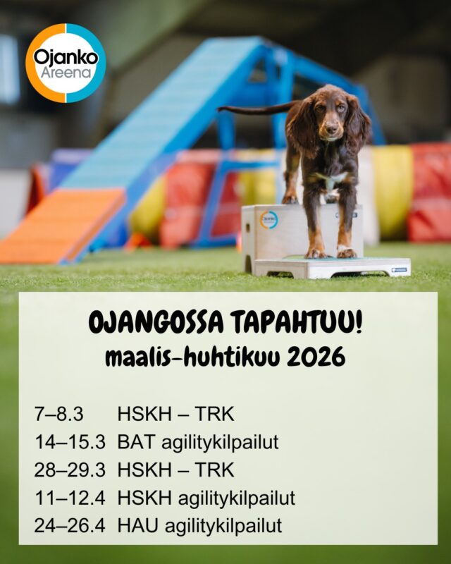 Etusivu 8 Kevättä kohti!Maalis–huhtikuussa Ojanko Areena täyttyy vauhdista ja kisatunnelmasta 🐕💨
Luvassa useita agilitykilpailuja – ja huipennuksena maajoukkuekarsinnan toinen osakilpailu 24.–26.4.Tule kisaamaan, kannustamaan ja kokemaan kevään kovimmat vedot Ojangossa!Yhteistyössä @elainklinikkaavec