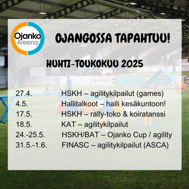 Ojangossa kisataan tulevina kuukausina taas monen eri lajin parissa! Toukokuun alussa siirrymme myös talvikaudesta kesäkauteen, jolloin hallissa on treenikäytössä kolme kenttää (kaksi isompaa ja yksi pienempi). ☀️

Yhteistyössä @elainklinikkaavec
