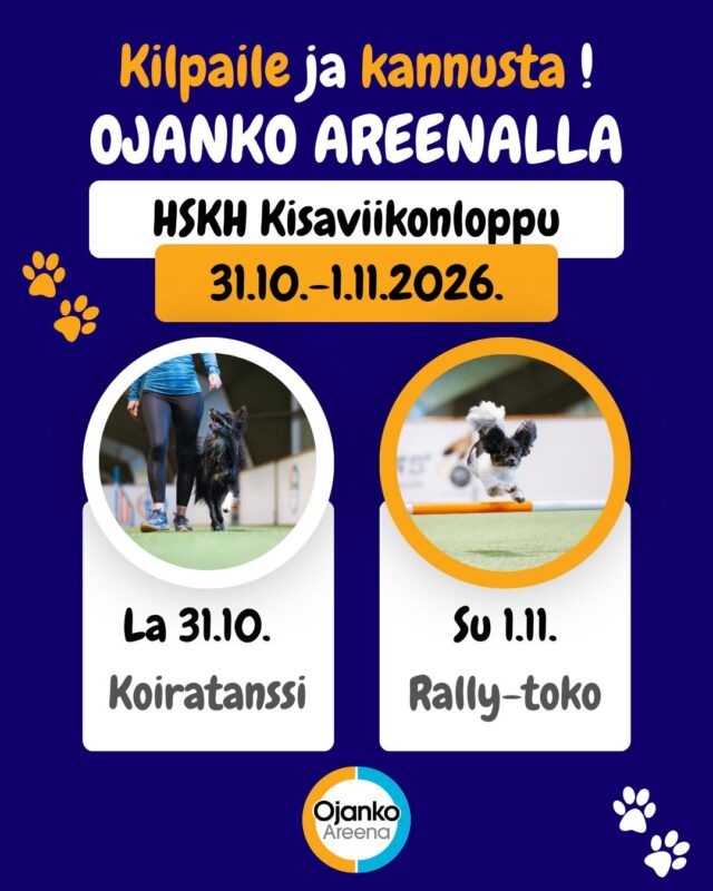 Etusivu 8 ✨ Kisaviikonloppu häämöttää Ojanko Areenalla🐾
Tänä viikonloppuna halli täyttyy iloisesta tekemisen meiningistä, kun Hakunilan Seudun Koiraharrastajat (HSKH) valtaa Ojanko Areenan!
Luvassa on kaksi päivää taitoa ja saumatonta yhteistyötä:
La 31.10. Koiratanssikilpailut ja toko
Su 1.11. Rally-toko
📍 Paikka: Ojanko Areena
📅 Aika: 31.10-1.11.2023
ℹ️ Lisätiedot: @hskhagi
Nähdään hallilla! 💛🐾
Yhteistyössä: @elainklinikkaavec
#ojankoareena #hskh #rallytoko #koiratanssi #koiraurheilu #rallytokosuomi #vantaa #koiraharrastus #kisaviikonloppu